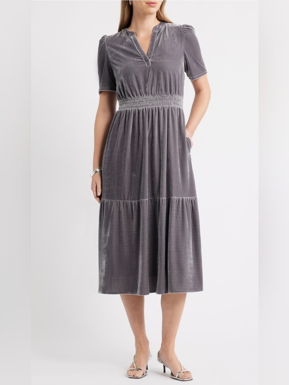 NWT - Caslon Grey Stretch Plush Velour Smocked Waist Fully Lined Midi Dress - S - Picture 16 of 16